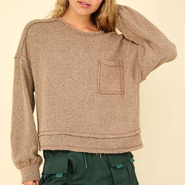 Moth deals two tone sweater paneled sweater with exposed zipper closure on upper-back.