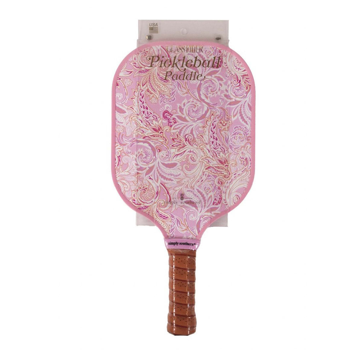 Simply Southern pickleball paddle adorned with a bright pink paisley pattern, combining swirling floral motifs in shades of pink, white, and soft gold.