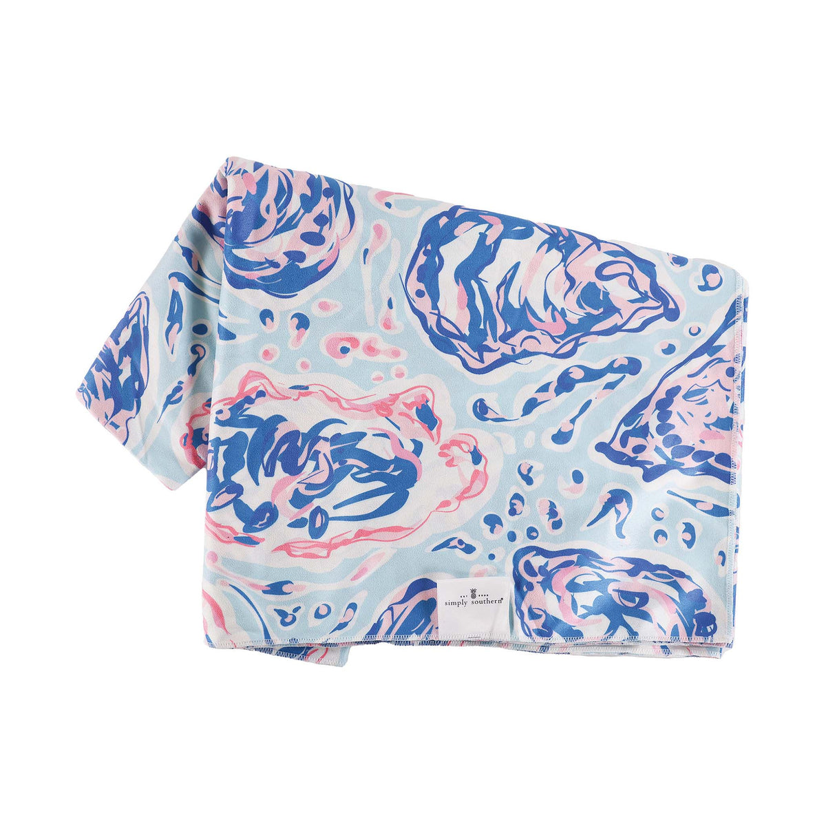 Simply Southern Quick Dry Towel in Oyster Print features a colorful pattern of watercolor style oyster shells in shades of blue, pink, and white.  Measuring 40&quot;x 72&quot; this towel offers quick dry convenience while keeping you in style!