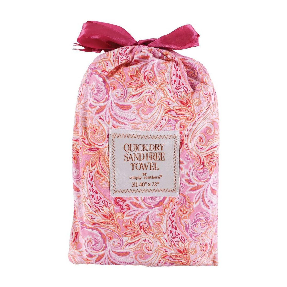 Simply Southern Quick Dry Towel in Pink Paisley Print features a colorful paisley pattern in shades of pink, orange, and white.  Measuring 40&quot;x 72&quot; this towel offers quick dry convenience while keeping you in style!