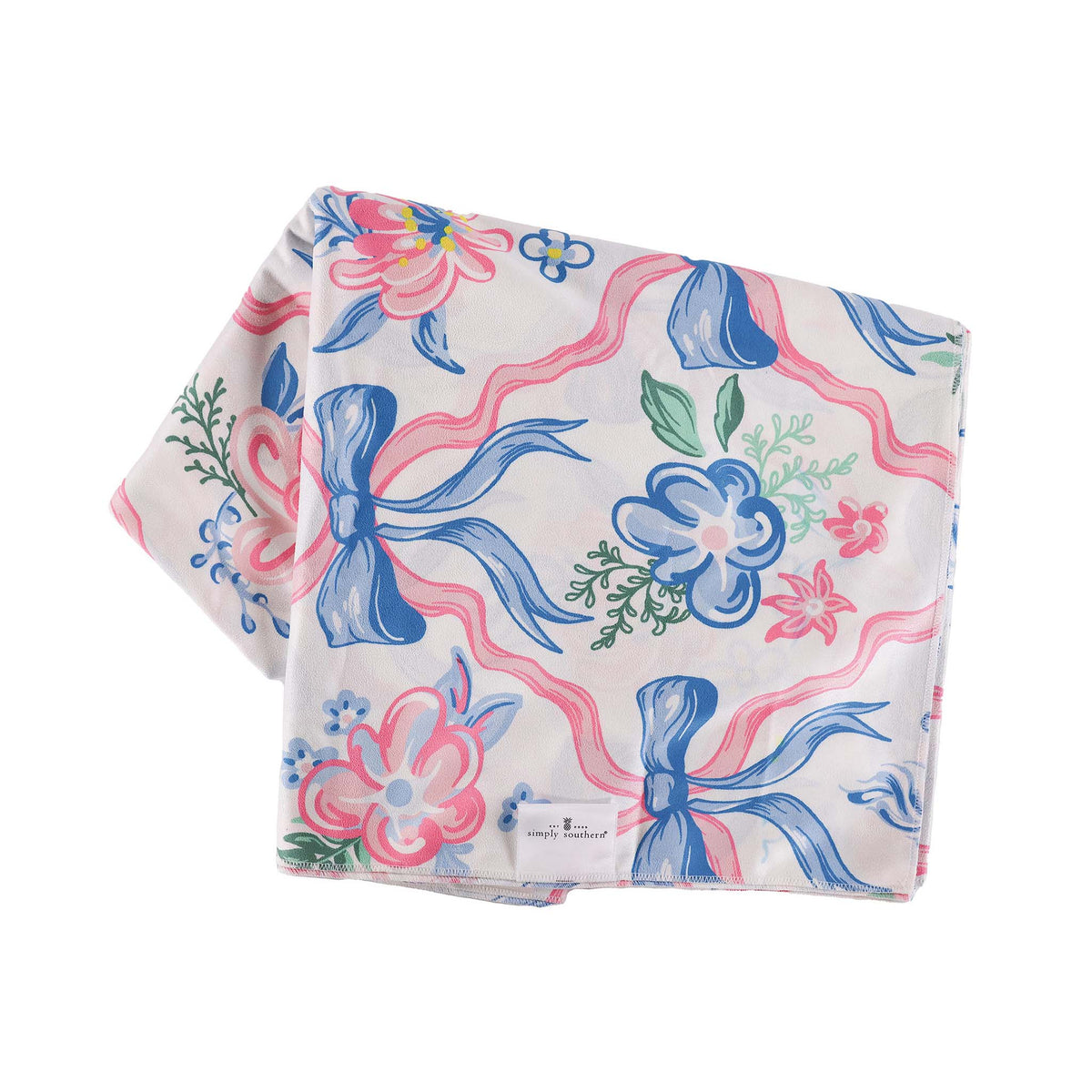 Simply Southern Quick Dry Towel in Ribbon print featuring blue bows and pink ribbon design. Measuring 40&quot;x 72&quot; this towel offers quick dry convenience while keeping you in style!