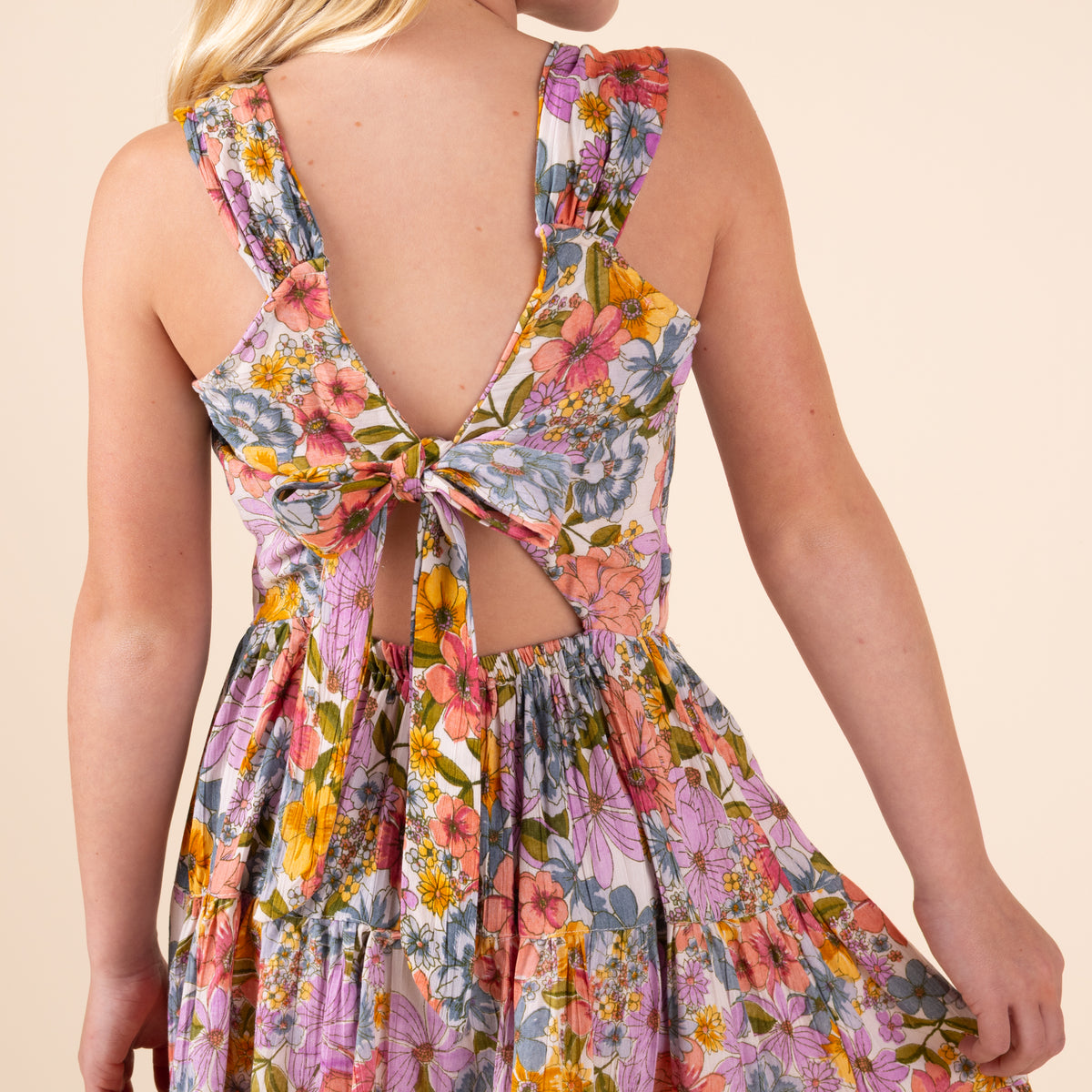 back tie of youth floral sleeveless dress