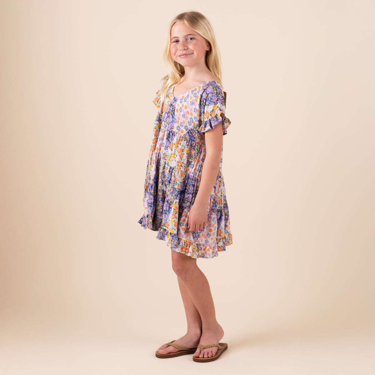 Youth Short Sleeve Patch Ruffle Tiered Dress