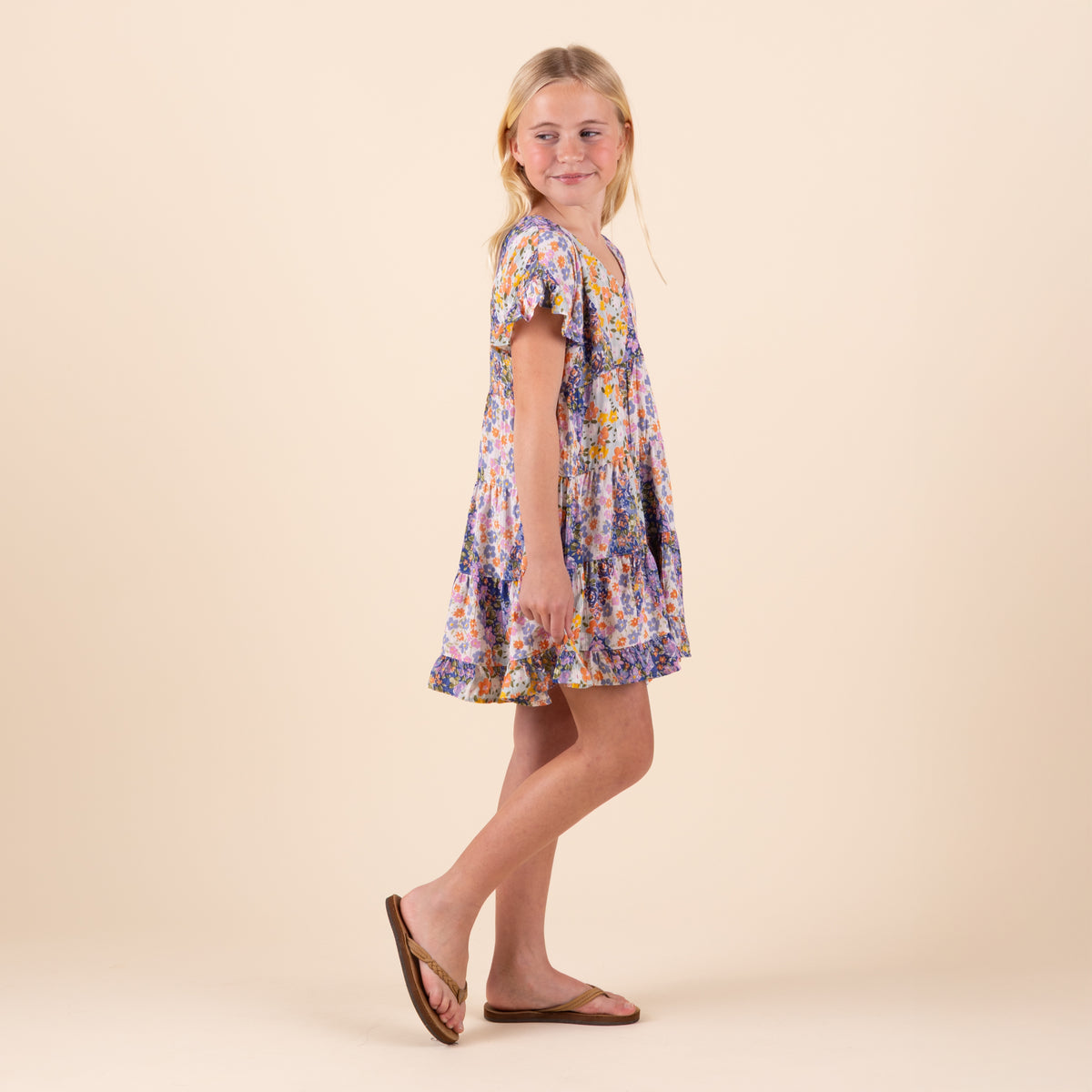 Youth Short Sleeve Patch Ruffle Tiered Dress