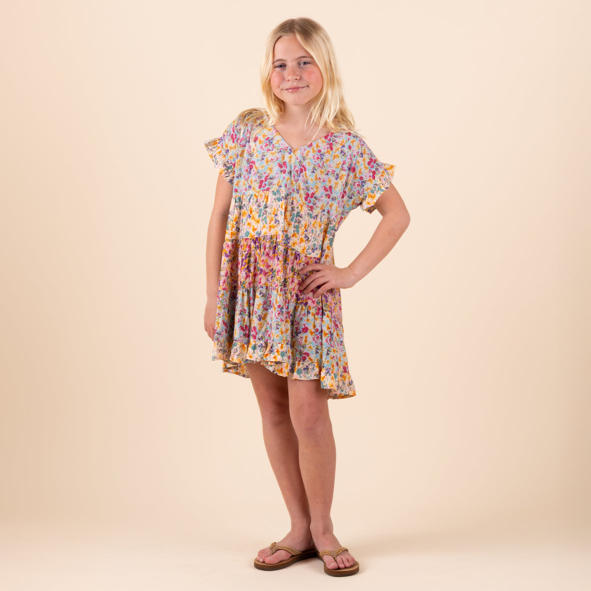 Youth Short Sleeve Ruffle Tiered Dress