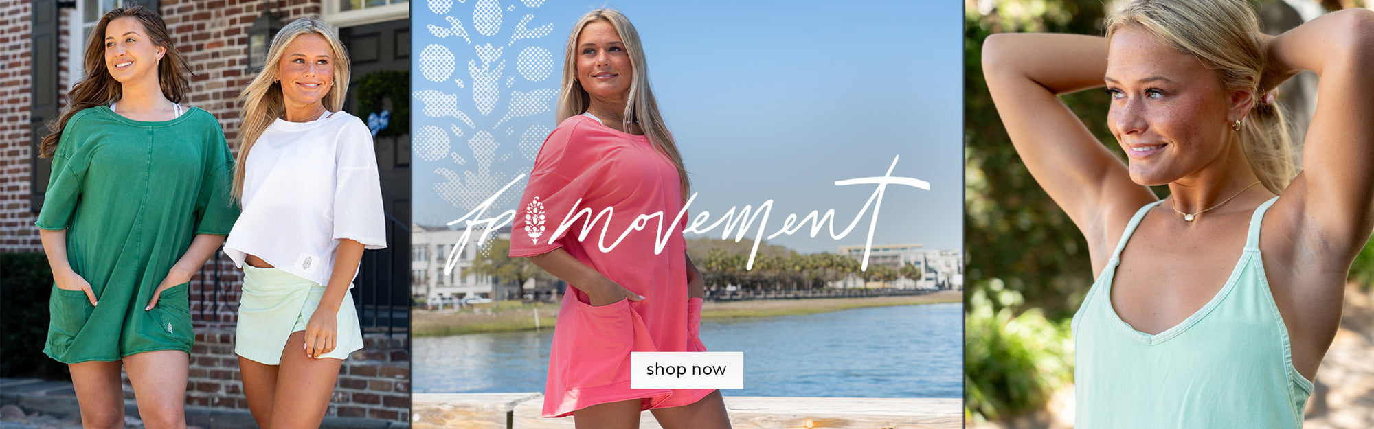 Shop Spring hues of FP Movement staples like the Hot Shop Tee Romper and Mini Dress.