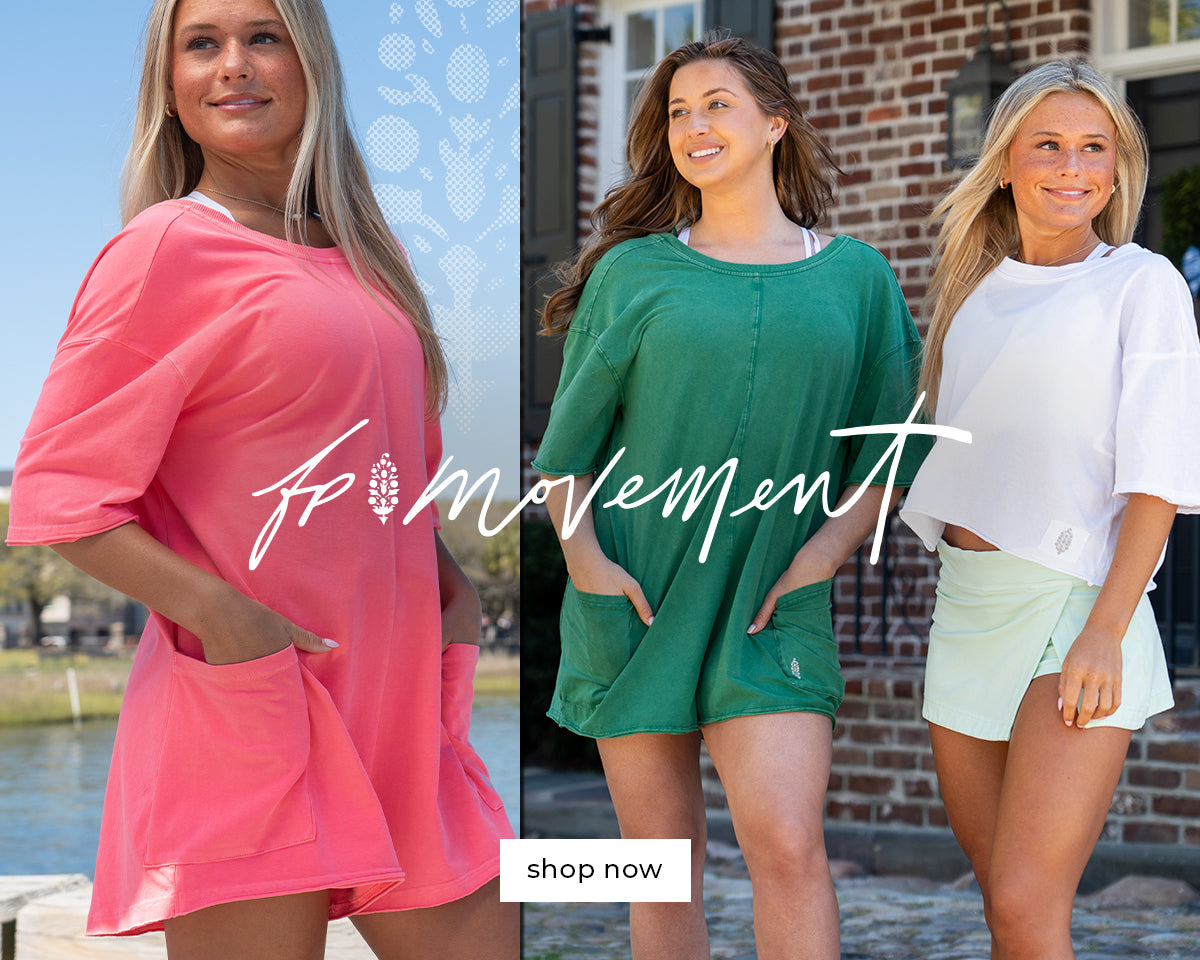 Shop Spring hues of FP Movement staples like the Hot Shop Tee Romper and Mini Dress.