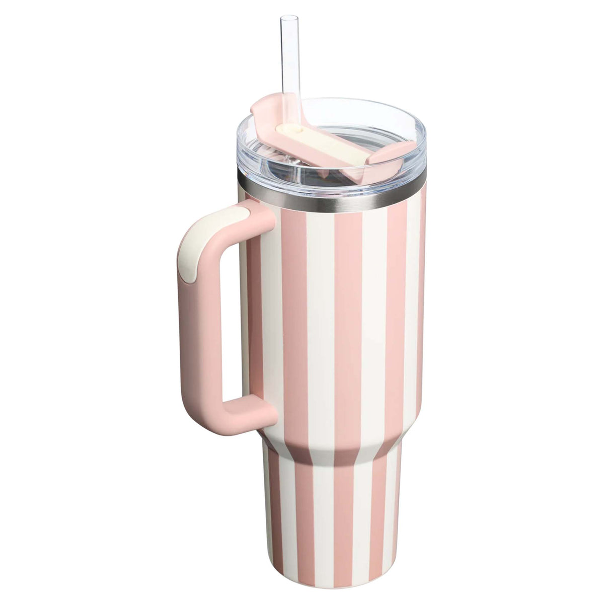Stanley 40oz handled tumbler in Peach Whip Cabana, a pastel peach-colored stainless steel tumbler with a sturdy ergonomic handle, a clear lid, and a reusable straw.