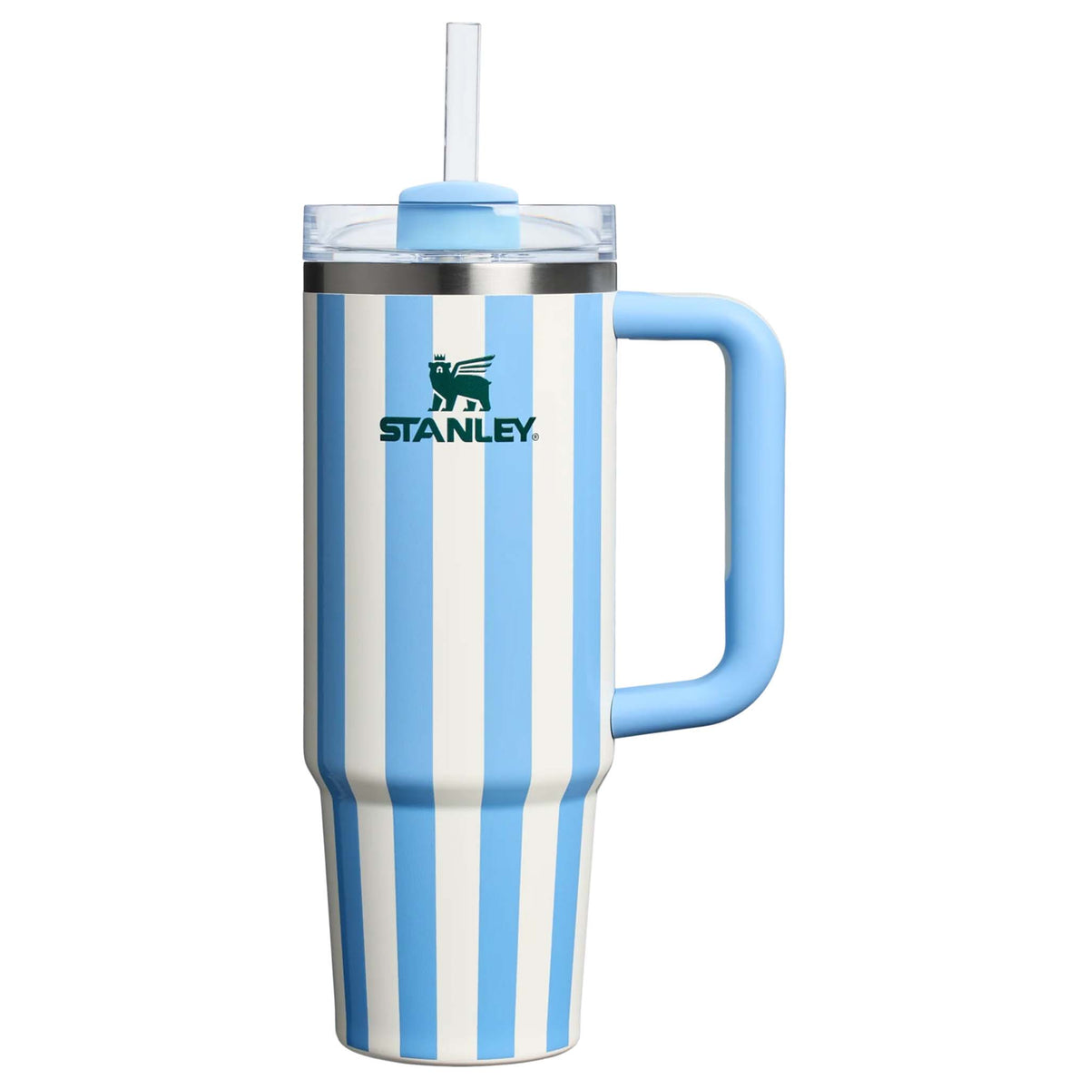 Stanley 30oz handled tumbler in Cornflower Cabana, a pastel blue-colored stainless steel tumbler featuring a sturdy ergonomic handle, a clear lid, and a reusable straw.