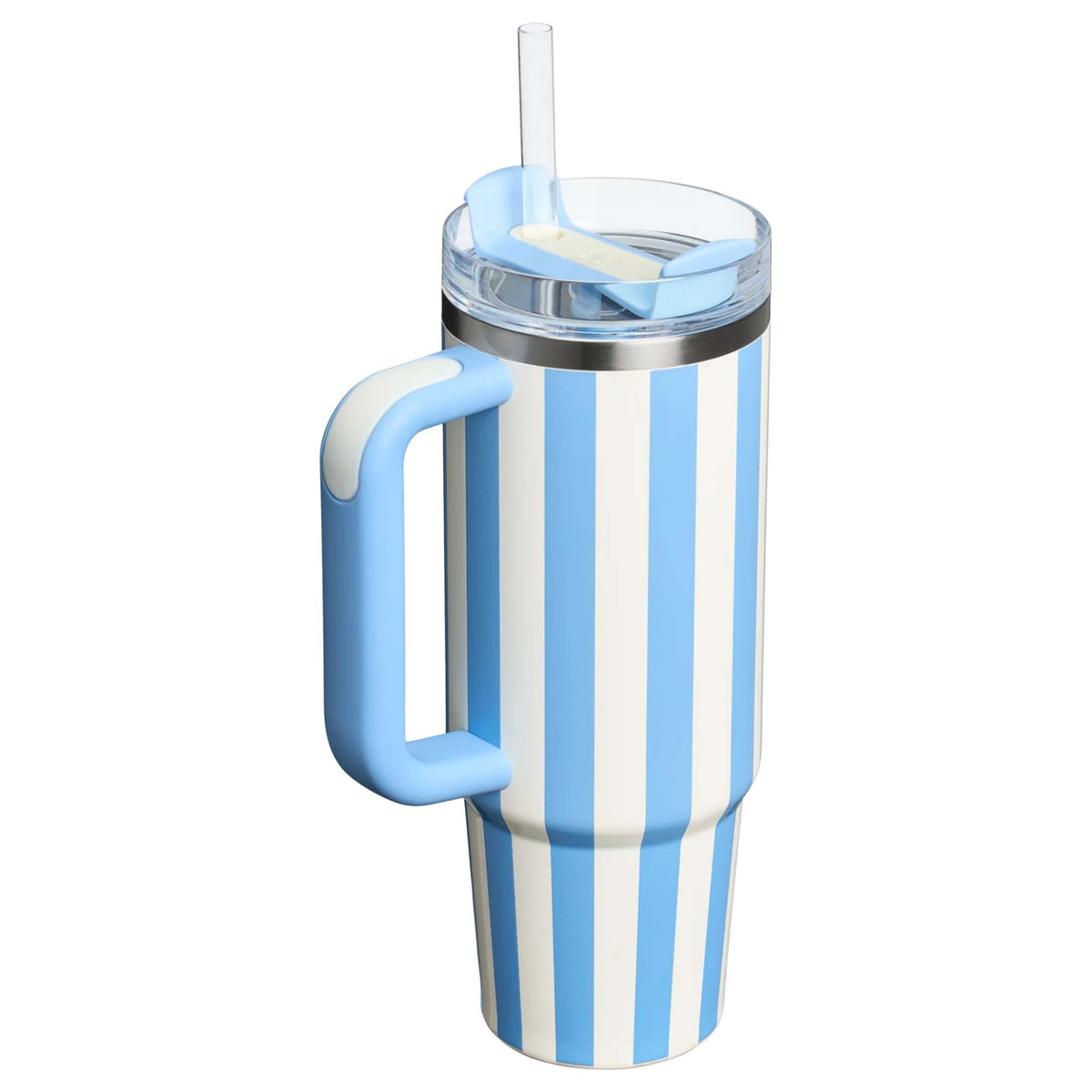 Stanley 30oz handled tumbler in Cornflower Cabana, a pastel blue-colored stainless steel tumbler featuring a sturdy ergonomic handle, a clear lid, and a reusable straw.