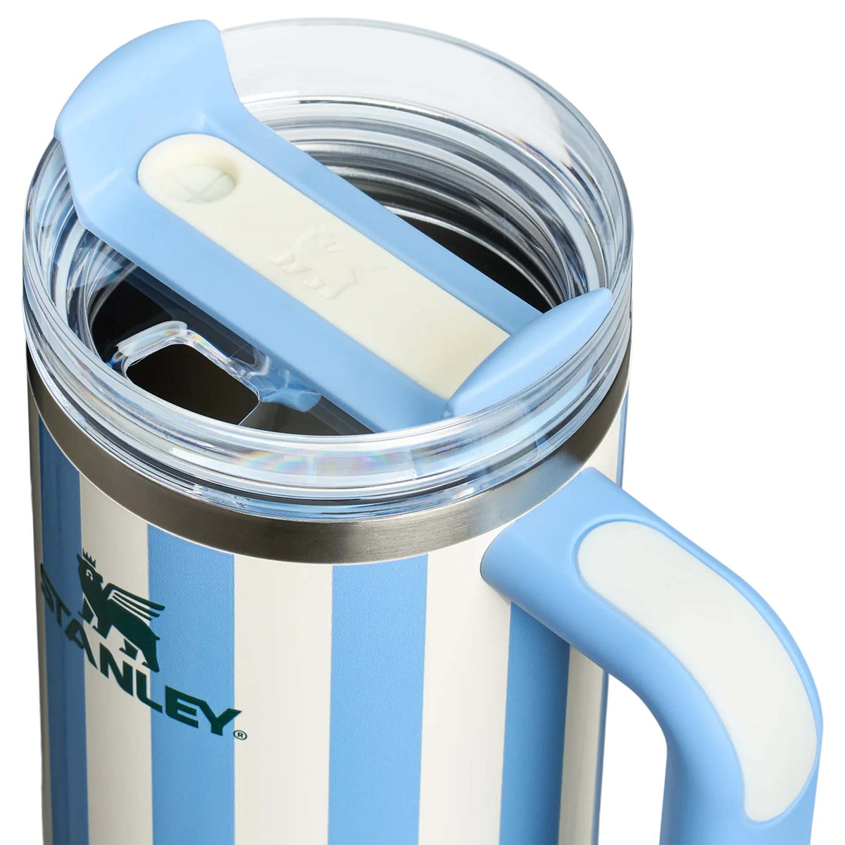 Stanley 30oz handled tumbler in Cornflower Cabana, a pastel blue-colored stainless steel tumbler featuring a sturdy ergonomic handle, a clear lid, and a reusable straw.