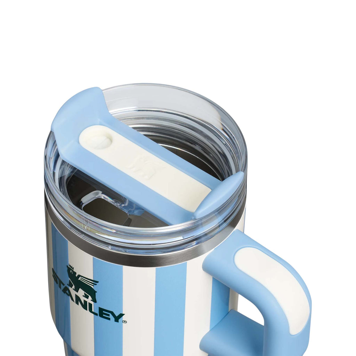 Stanley 20oz tumbler with handle in Cornflower Cabana, a stainless steel tumbler featuring a vibrant blue and white striped design, a sturdy ergonomic handle, a clear lid, and a reusable straw.