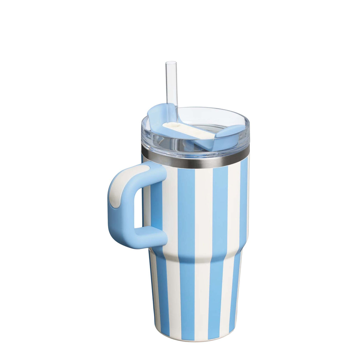 Stanley 20oz tumbler with handle in Cornflower Cabana, a stainless steel tumbler featuring a vibrant blue and white striped design, a sturdy ergonomic handle, a clear lid, and a reusable straw.