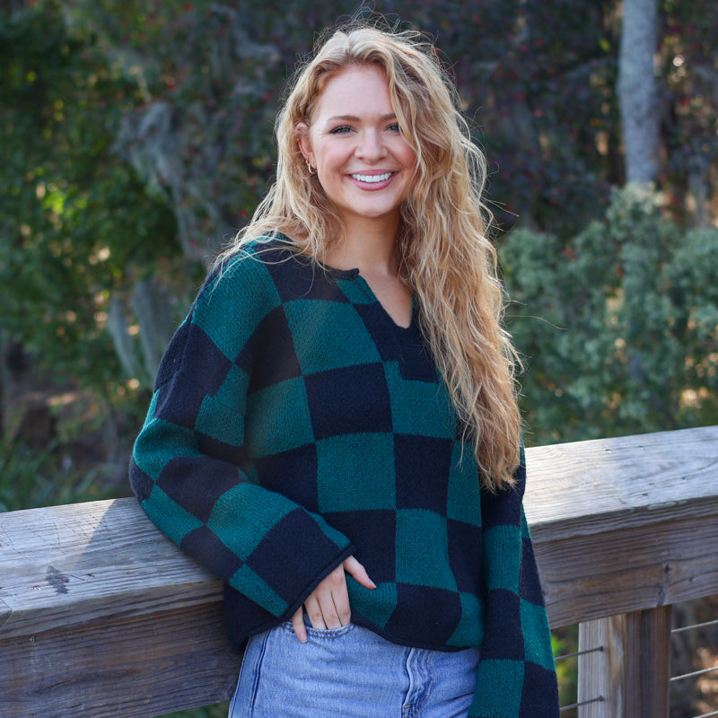 V Notch Checkered Sweater