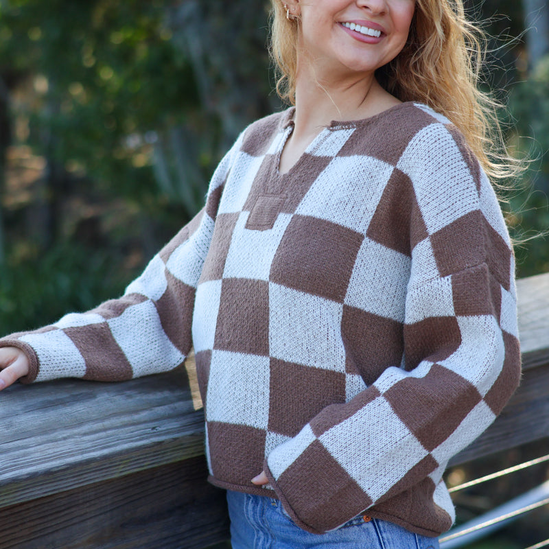 V Notch Checkered Sweater