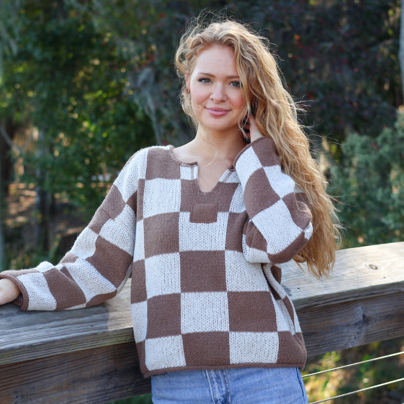 V Notch Checkered Sweater