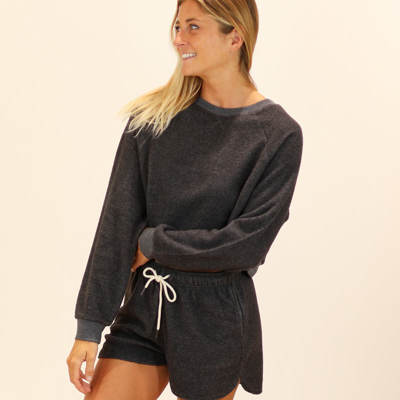 Brush Fleece Long Sleeve Crop Top in Charcoal