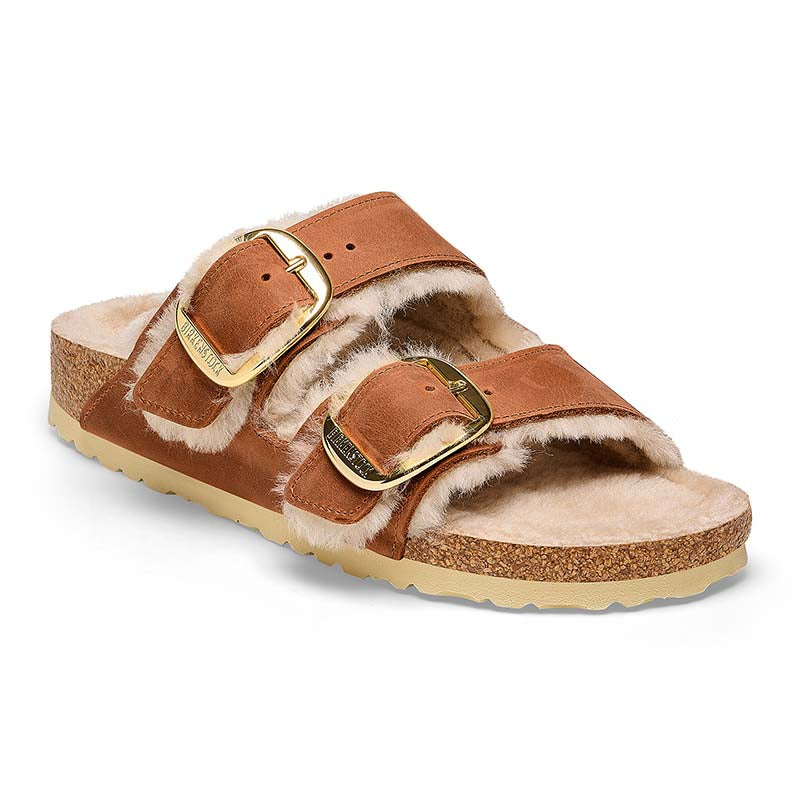 Women&#39;s Arizona Big Buckle Shearling Oiled Leather Sandals in Cognac