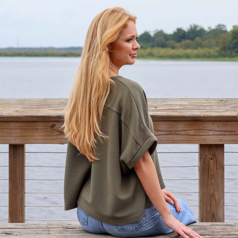 Dolman Sleeve Textured Top in New Olive