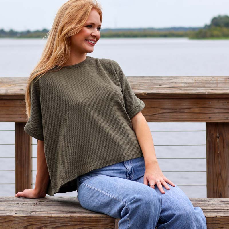 Dolman Sleeve Textured Top in New Olive