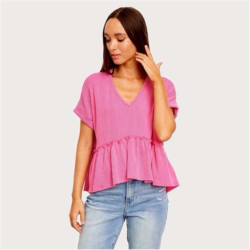 Short Sleeve Ribbed V-Neck Babydoll Top in Hot Pink