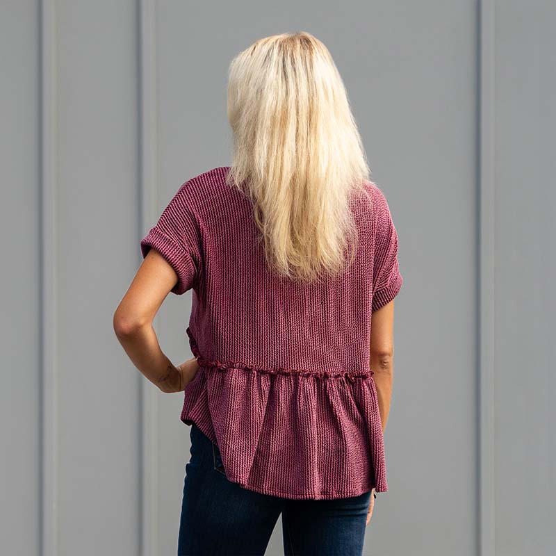 Short Sleeve Ribbed V-Neck Babydoll Top in Dark Wine