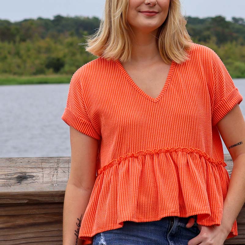 Short Sleeve Ribbed V-Neck Babydoll Top in Orange