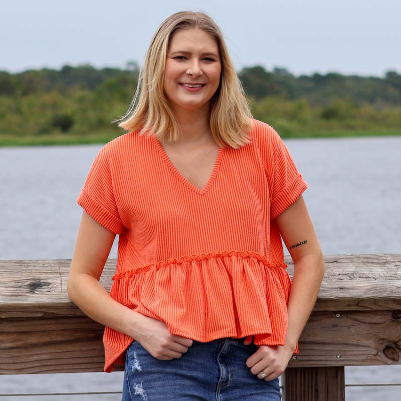 Short Sleeve Ribbed V-Neck Babydoll Top in Orange