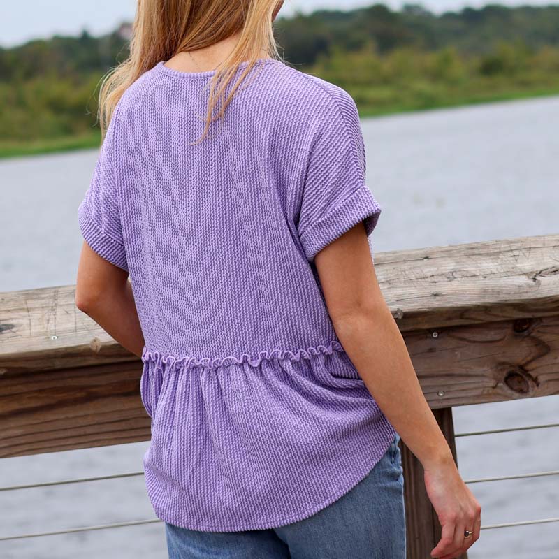 Short Sleeve Ribbed V-Neck Babydoll Top in Violet