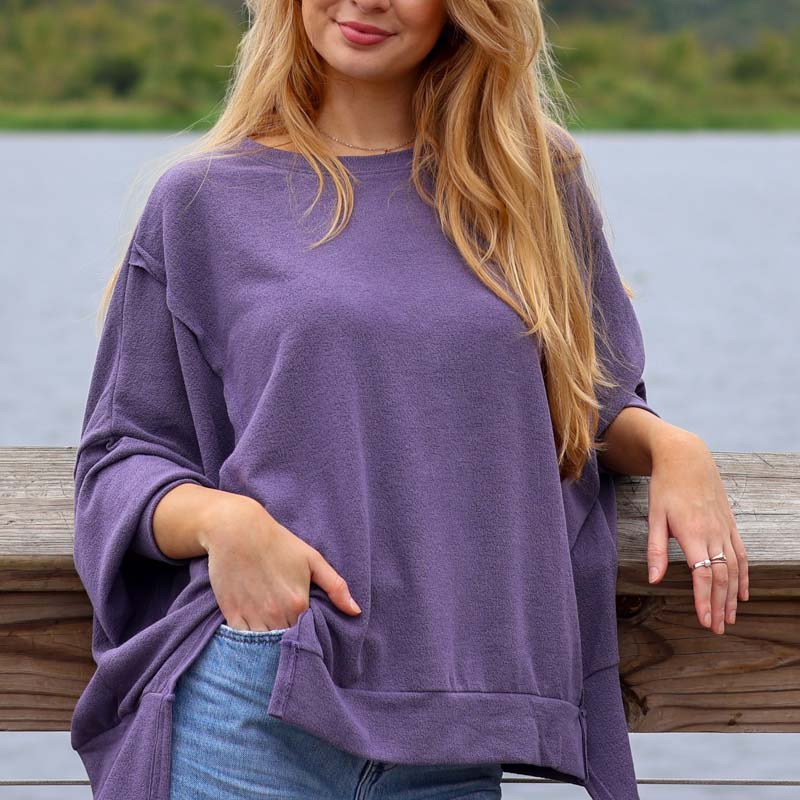 Long Sleeve Crepe Weekender Top in Dark Lavender