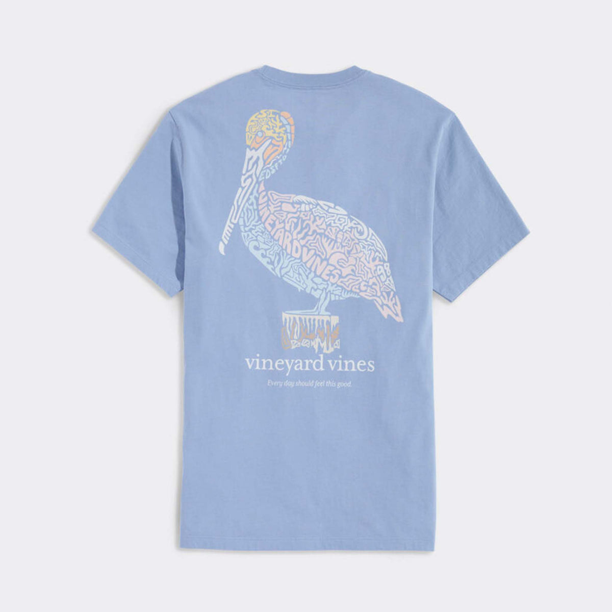 &quot;Back view of the faded blue Vineyard Vines short sleeve T-shirt showing a large whale logo filled with a colorful pelican print, centered across the upper back.