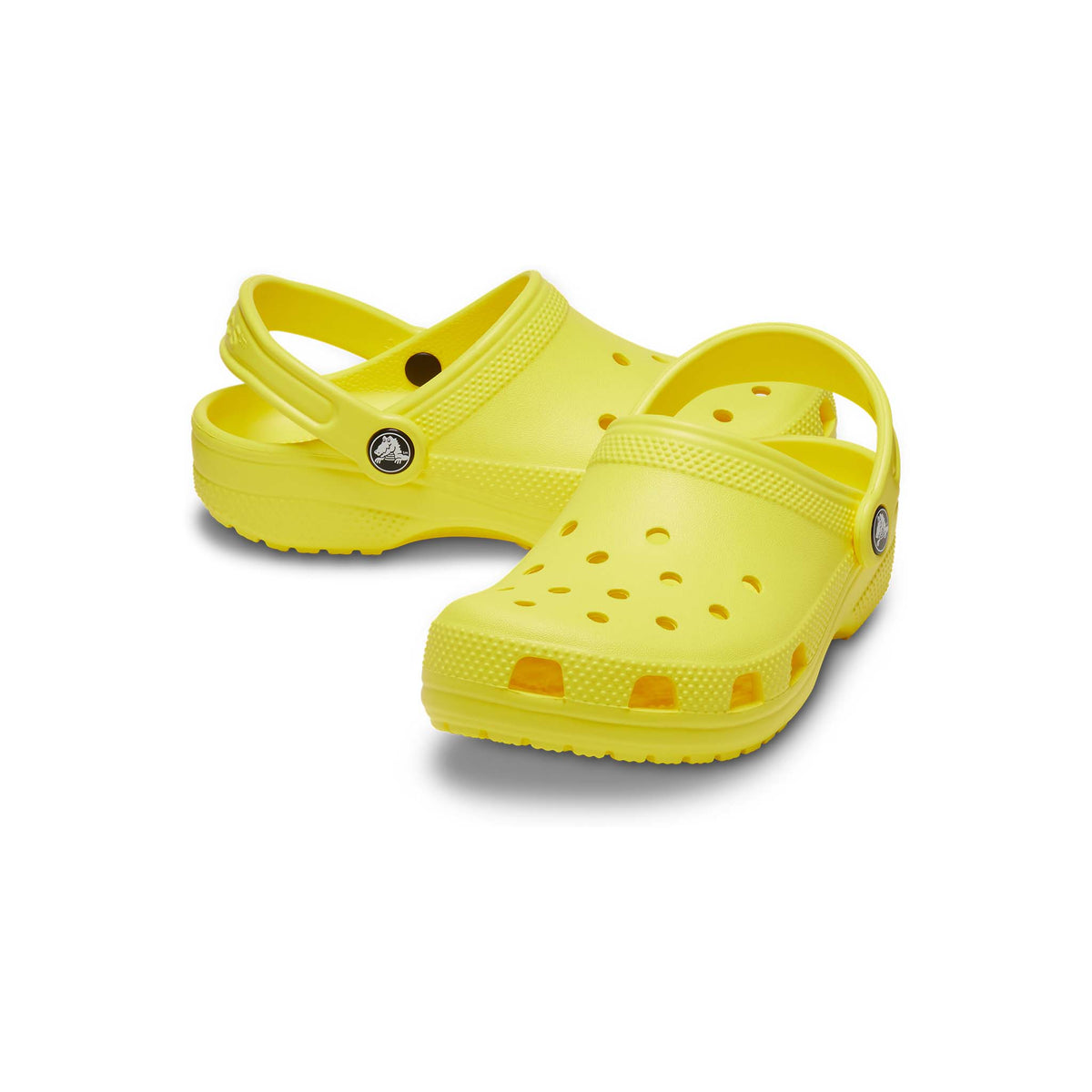 Kids&#39; Classic Clog, color Cyber Yellow, sizes C11, C12, C13, J1, J2, J3, J4, J5, J6. 
Crocs classic design is created for slip-on convenience with a strap that adjusts down for a secure fit.  Holes in the toe box offer breathability.  Constructed with a durable plastic, these shoes are lightweight and waterproof. Also, these shoes are created to float in the event they&#39;re dropped in water!