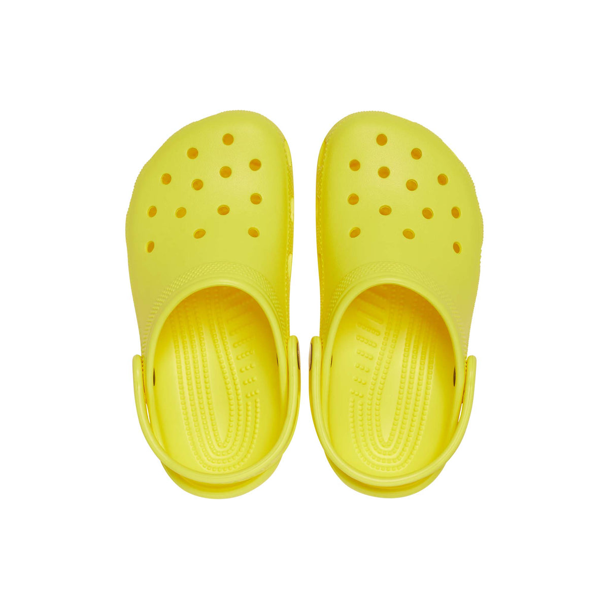 Kids&#39; Classic Clog, color Cyber Yellow, sizes C11, C12, C13, J1, J2, J3, J4, J5, J6. 
Crocs classic design is created for slip-on convenience with a strap that adjusts down for a secure fit.  Holes in the toe box offer breathability.  Constructed with a durable plastic, these shoes are lightweight and waterproof. Also, these shoes are created to float in the event they&#39;re dropped in water!