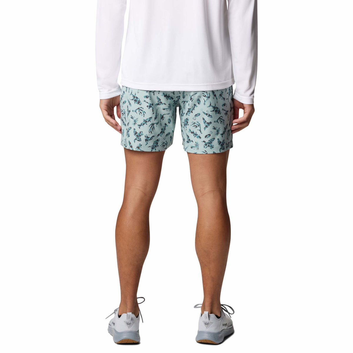 Back view - Columbia Sportswear 6&quot; Printed Rambler Men&#39;s swim trunks, color aqua blue with silhouettes of fishing related icons.  Featuring Omni-Shade™ UPF 50 these shorts guard against skin damage. Created for all-day comfort and breathability using fast dry fabric.