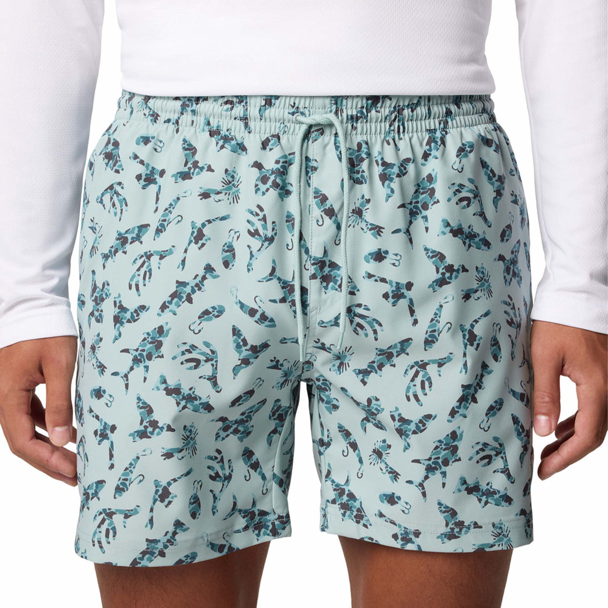 Close up of front view - Columbia Sportswear 6&quot; Printed Rambler Men&#39;s swim trunks, color aqua blue with silhouettes of fishing related icons.  Adjustable elastic waistband with drawstring cord to customize fit. Featuring Omni-Shade™ UPF 50 these shorts guard against skin damage. Created for all-day comfort and breathability using fast dry fabric.