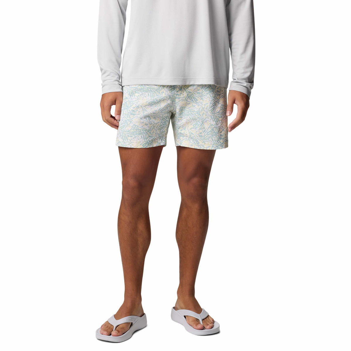 Front view - Columbia Sportswear 6&quot; Printed Rambler Men&#39;s swim trunks, marlin print in colors aqua blue and yellow.  Adjustable elastic waistband with drawstring cord to customize fit. Featuring Omni-Shade™ UPF 50 these shorts guard against skin damage. Created for all-day comfort and breathability using fast dry fabric.