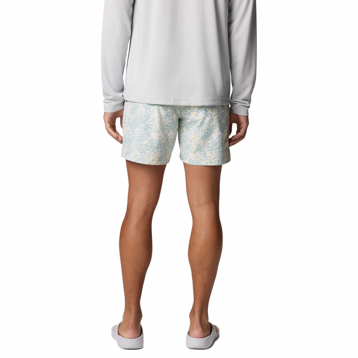 Back view - Columbia Sportswear 6&quot; Printed Rambler Men&#39;s swim trunks, marlin print in colors aqua blue and yellow.  Adjustable elastic waistband with drawstring cord to customize fit. Featuring Omni-Shade™ UPF 50 these shorts guard against skin damage. Created for all-day comfort and breathability using fast dry fabric.