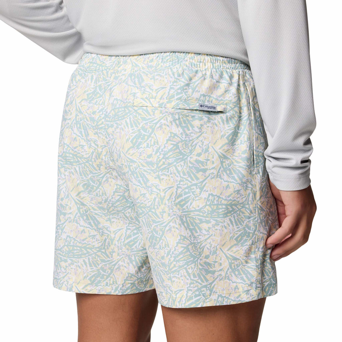 Back view - Columbia Sportswear 6&quot; Printed Rambler Men&#39;s swim trunks, marlin print in colors aqua blue and yellow.  Featuring Omni-Shade™ UPF 50 these shorts guard against skin damage. Created for all-day comfort and breathability using fast dry fabric. Zippered back security pocket to keep your items secure.