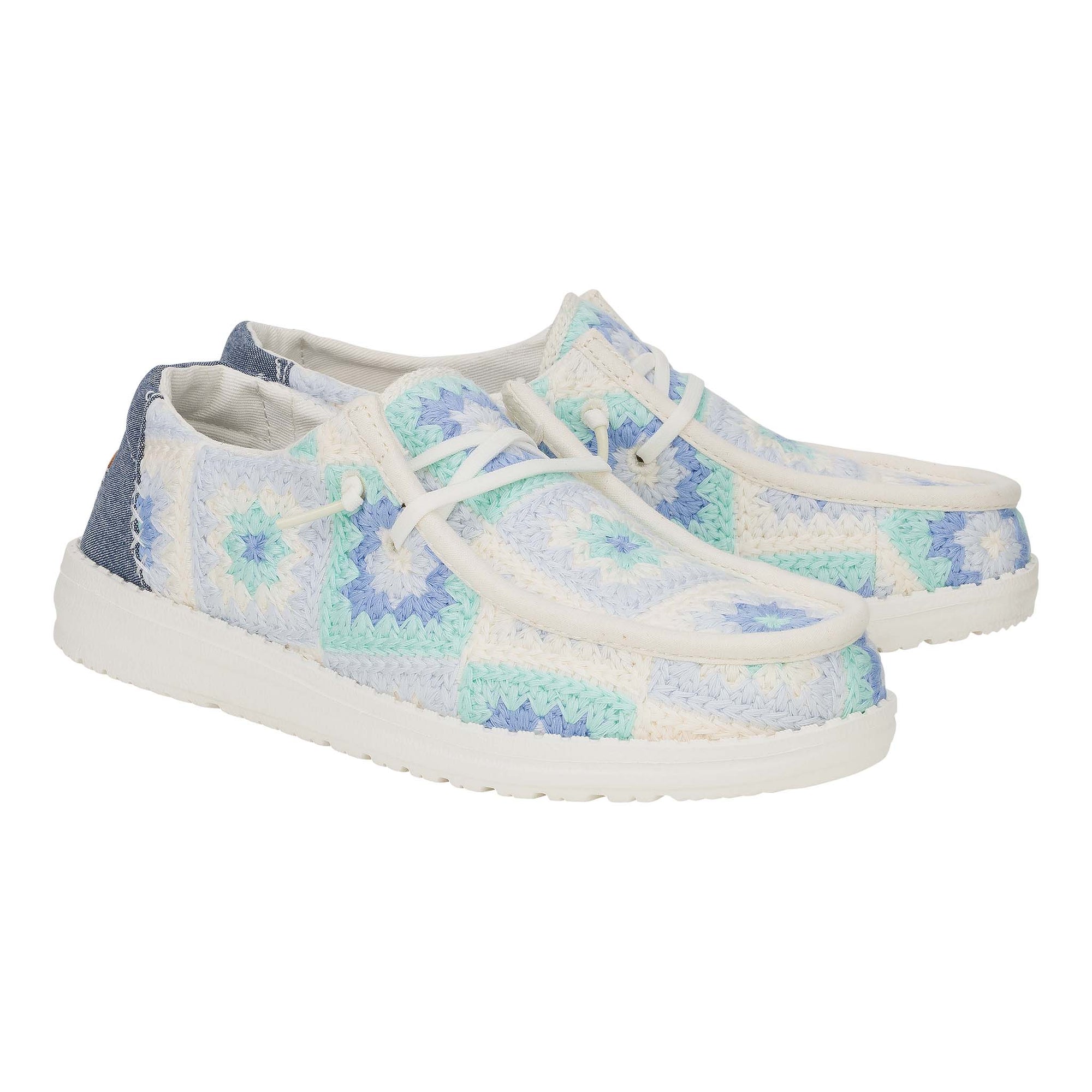 product shot of hey dude women's wendy crochet sneakers with hues of blue and teal.