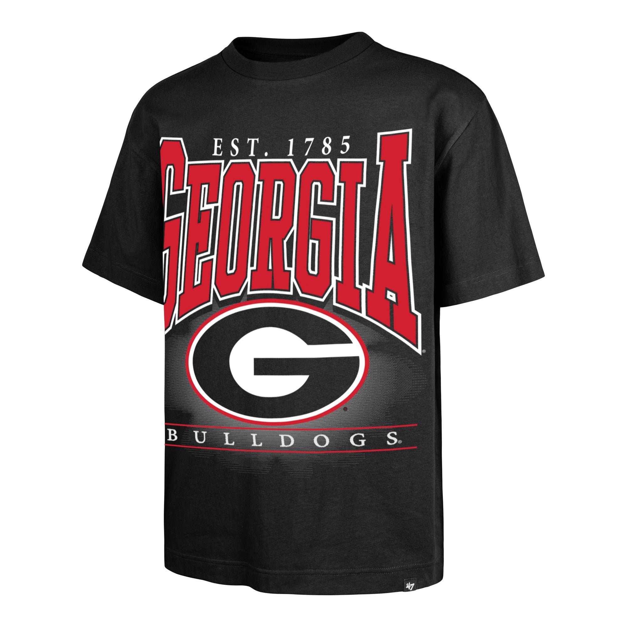 47 Brand relaxed fit black t-shirt with large University of Georgia lettering and G logo.