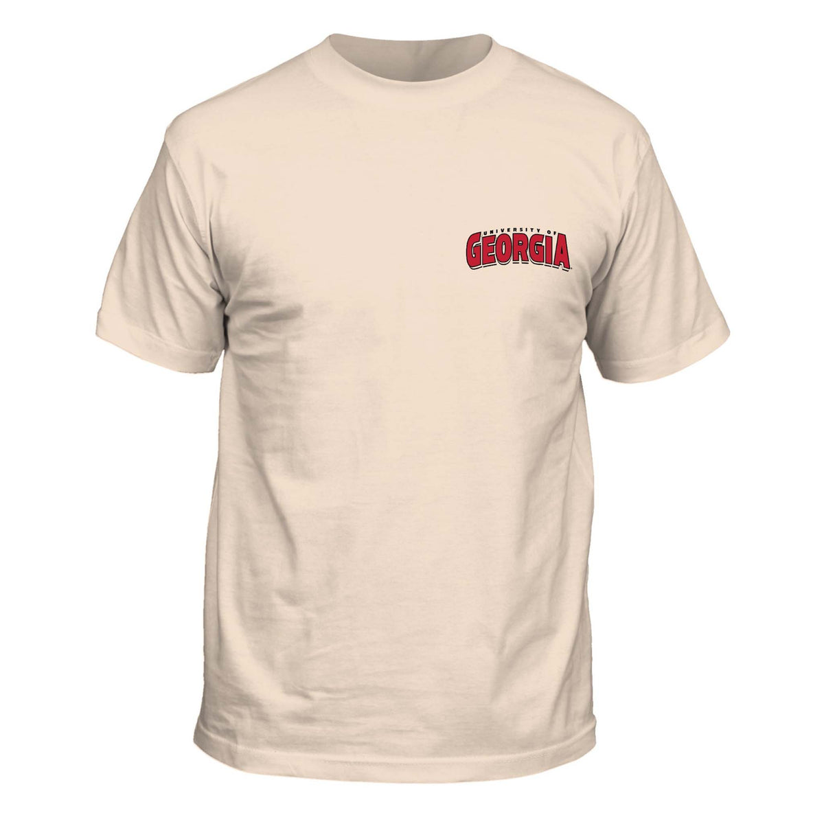 Beige short sleeve t-shirt with a large graphic on the back featuring the University of Georgia Bulldog mascot.