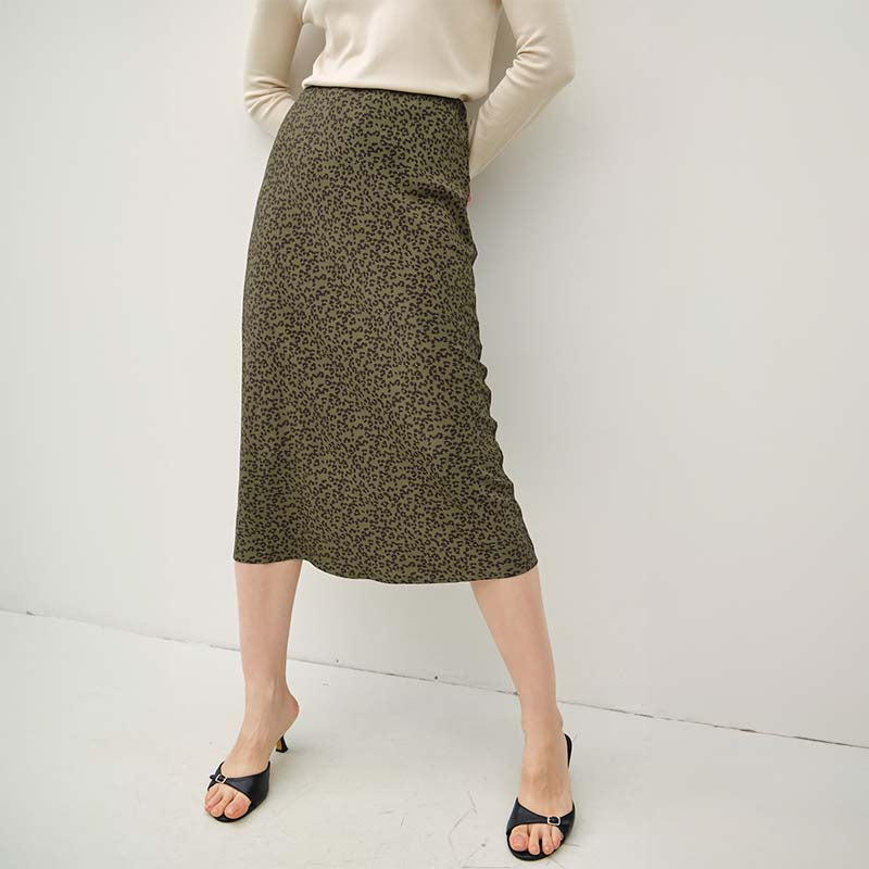 Satin Leopard Skirt In Olive