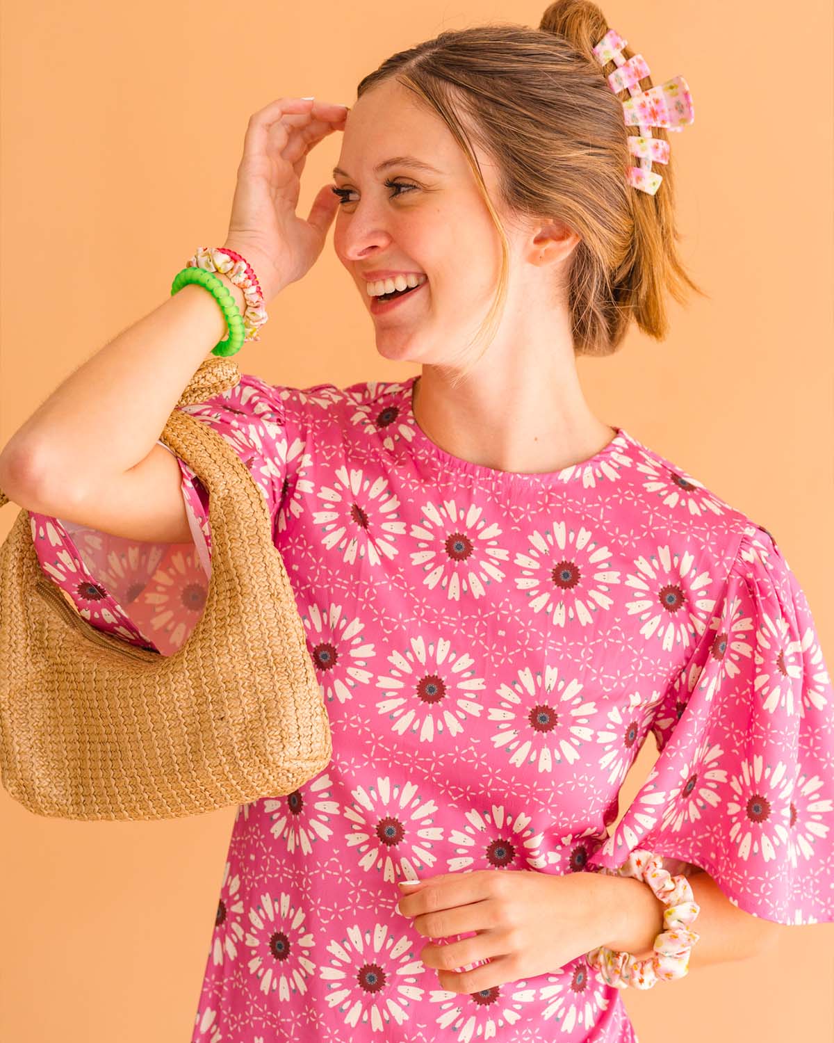 woman posing wearing teleties clips and hair ties