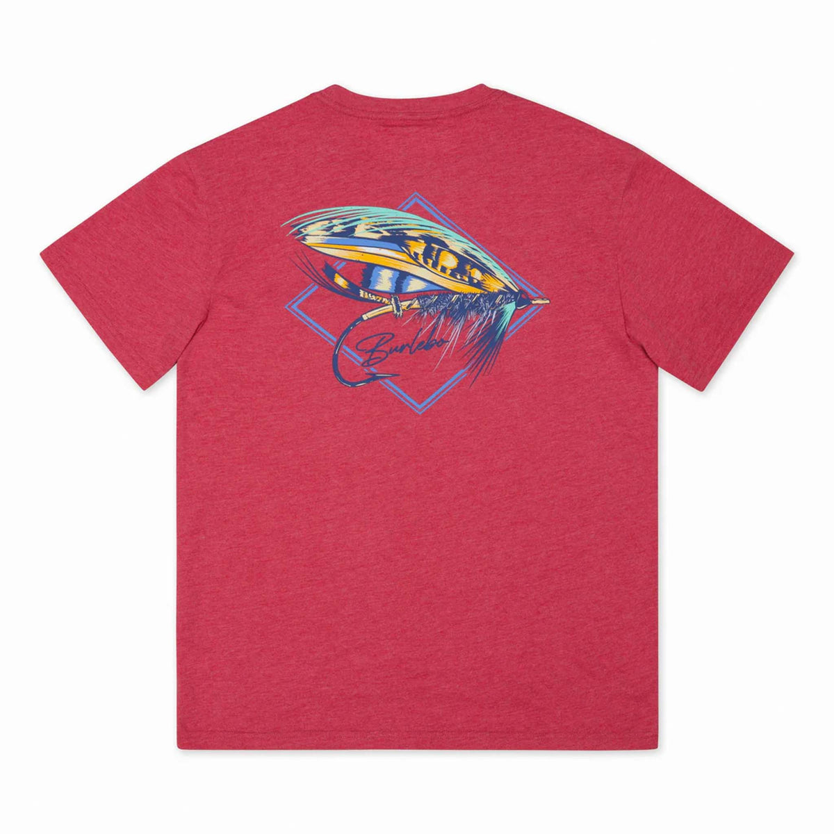 Back view - Burlebo short sleeve Big Fly t-shirt in heather crimson.  The design features a brightly colored fly-fishing lure with Burlebo&#39;s logo under.   Made from a preshrunk blend of 50% Ring-Spun Cotton and 50% Polyester, this tee offers the perfect combination of softness and durability.