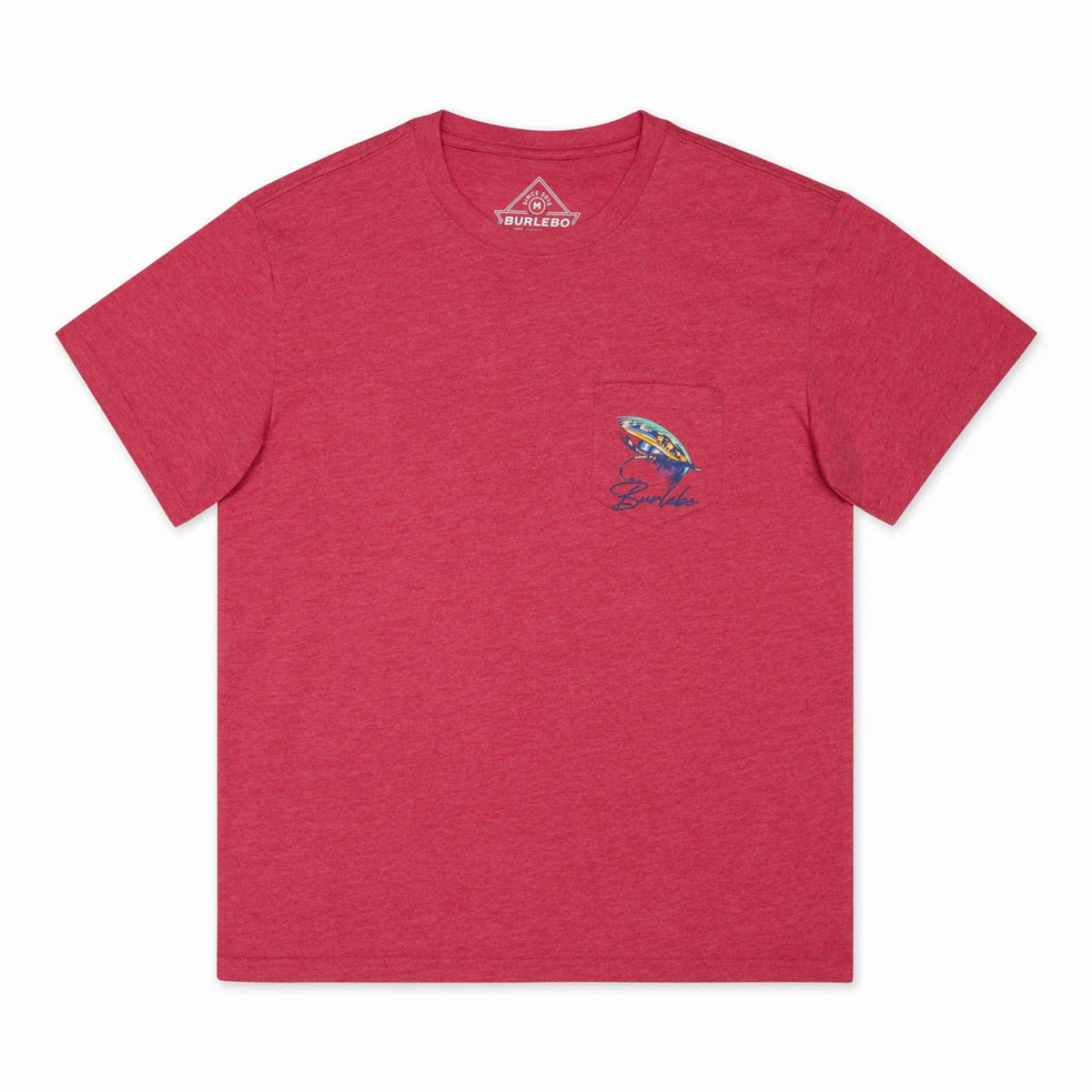Front view - Burlebo short sleeve Big Fly t-shirt in heather crimson.  The design features a brightly colored fly-fishing lure with Burlebo&#39;s logo under printed on the left chest pocket.   Made from a preshrunk blend of 50% Ring-Spun Cotton and 50% Polyester, this tee offers the perfect combination of softness and durability.