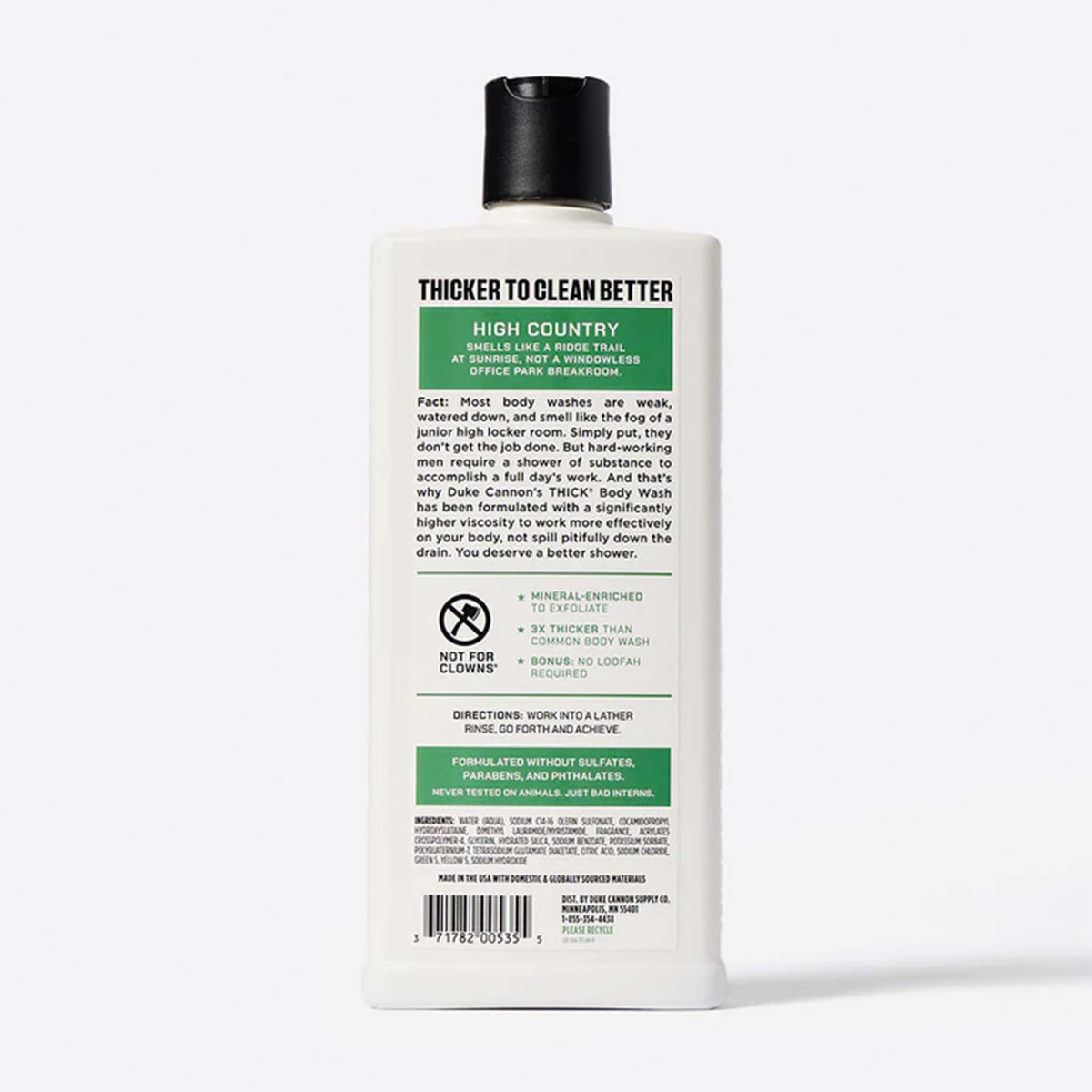 18oz bottle of Duke Cannon Thick Body Wash for men. The High Country scent consists of Forest Air and Birchwood.
