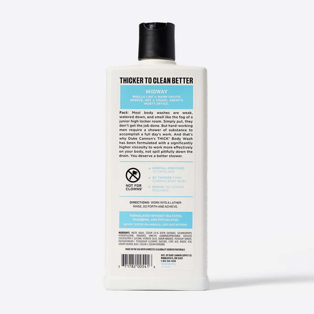 18oz bottle of Duke Cannon Thick Body Wash. This Midway Body Wash has a citrus and cedarwood fragrance.