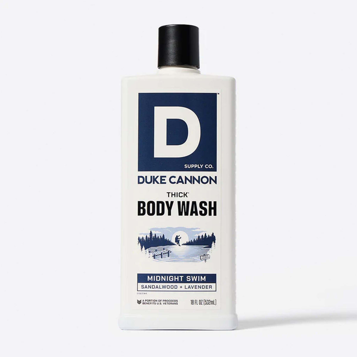 18oz bottle of Duke Cannon Thick Body Wash for men. The Midnight Swim body wash is scented with Sandalwood and Lavender.