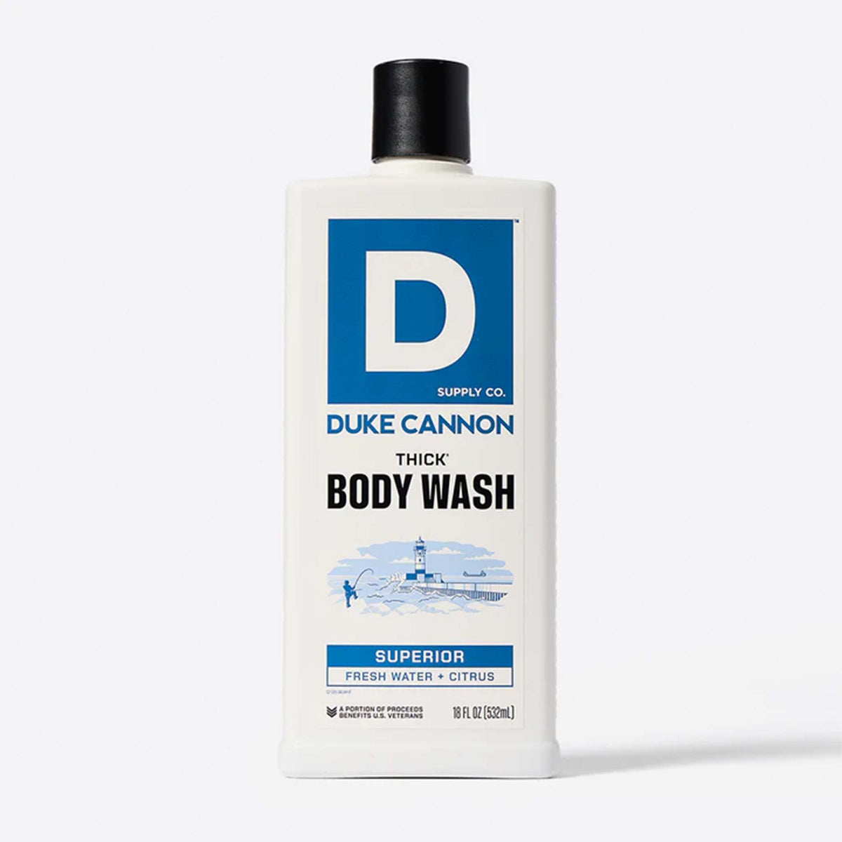 18oz bottle of Duke Cannon Superior Body Wash for men. The Superior scented body wash smells like Fresh Water and Citrus.