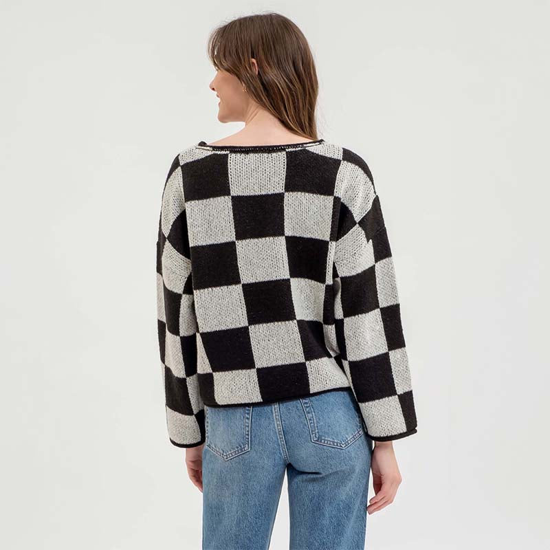 V Notch Checkered Sweater